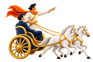 Illustration of a Sarthi guiding a chariot drawn by white horses