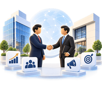 Illustration of two business leaders shaking hands between corporate buildings