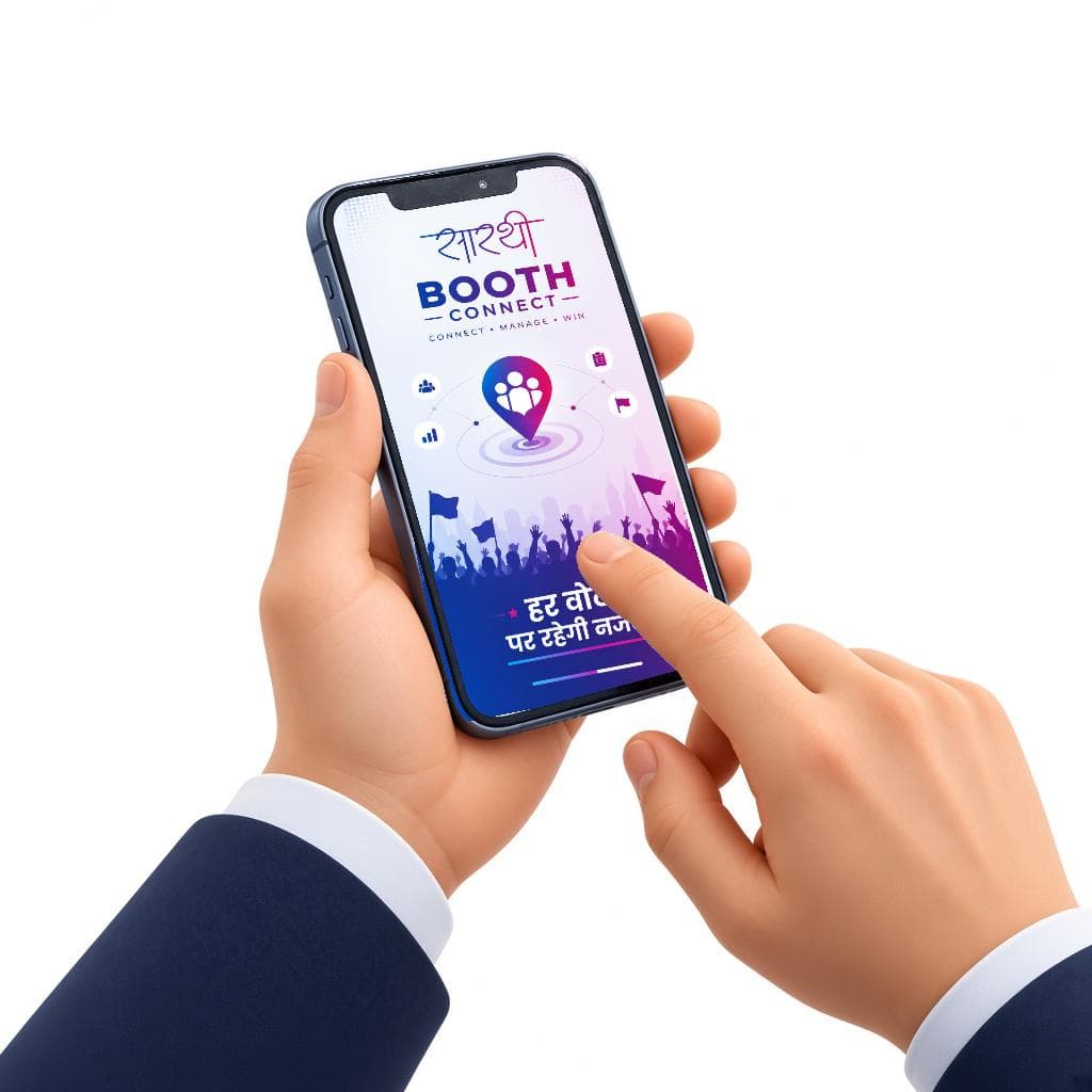 Hands holding a phone showing the Sarthi Booth Connect app